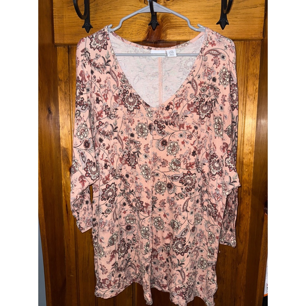 Tabitha Webb 2X Floral Print 3/4 Sleeve V-Neck Top Blouse paisley pink